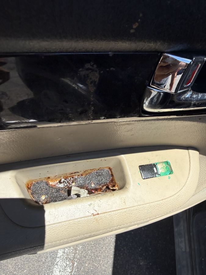 Heavily soiled door panel and pocket before detailing